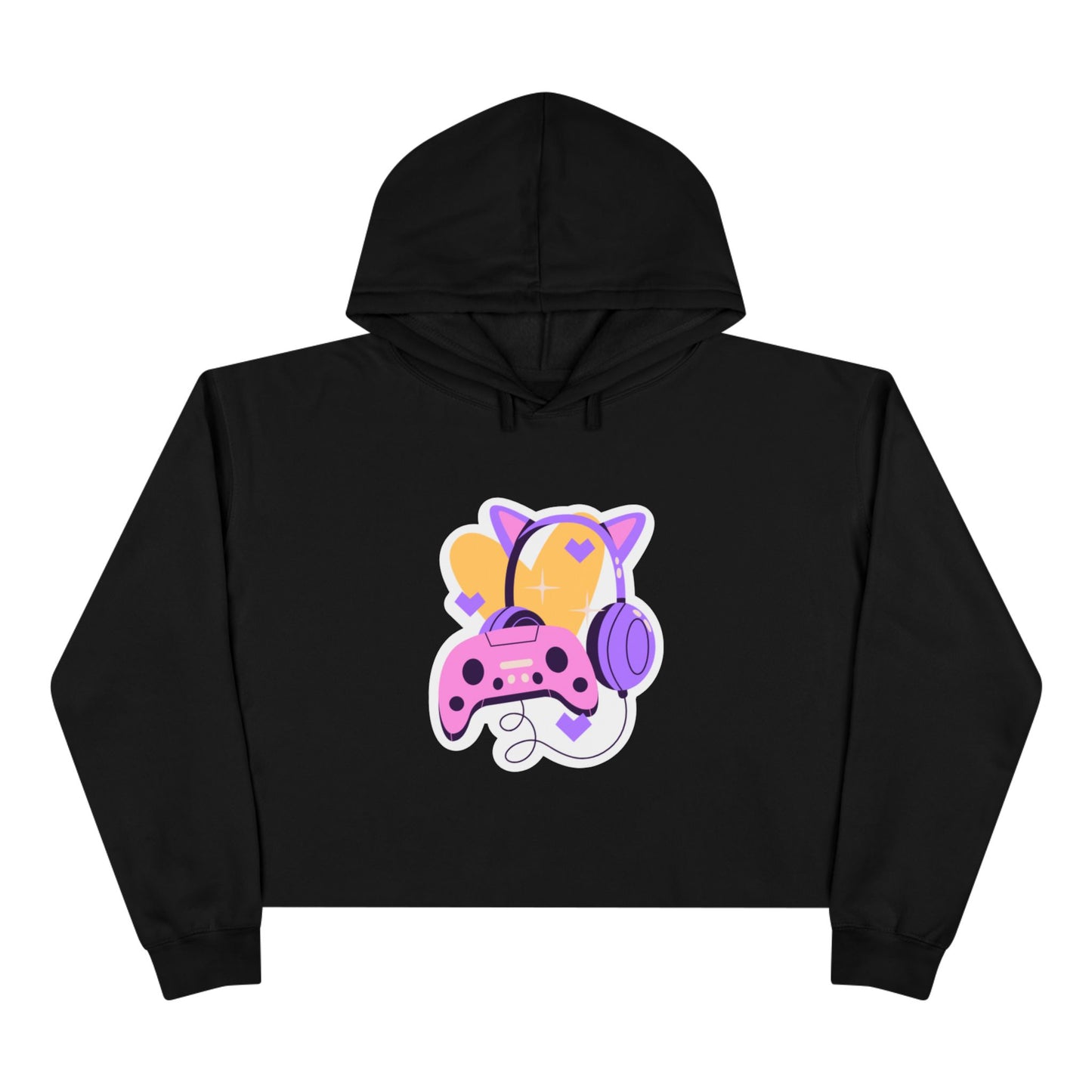 Cute Gamer Crop Hoodie — Pastel Controller & Headphones Graphic