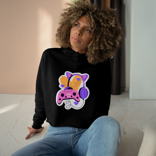 Cute Gamer Crop Hoodie — Pastel Controller & Headphones Graphic